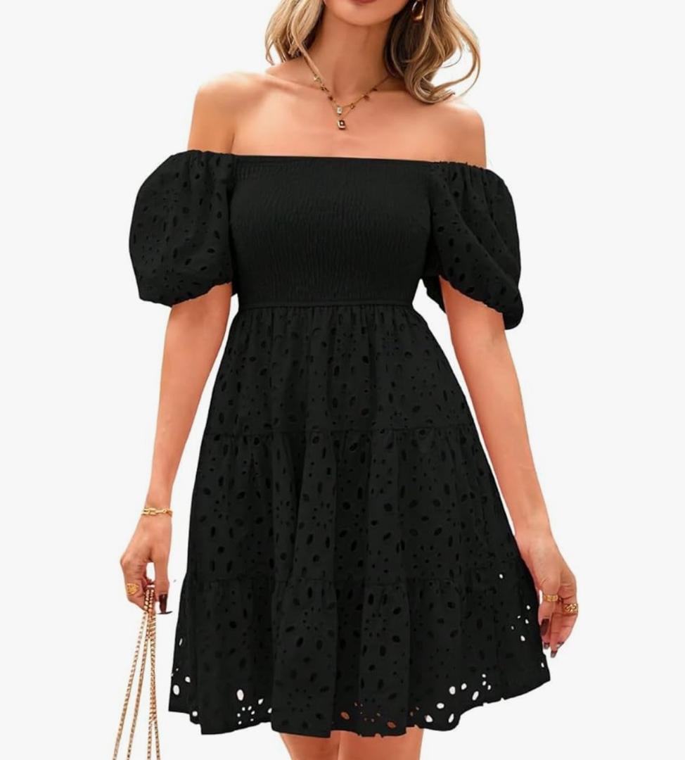 Women's 2025 Eyelet Lace Embroidery Smocked Dress Square Neck Puff Sleeve Off Shoulder Tiered Mini Dress Size Small, Black 