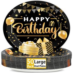 50PCS Black and Gold Birthday Oval Paper Plates 11inch Large Black Party Decorations Platters, Happy Birthday Party Heavy Duty Dish Tray for Men Women Gathering BBQ Dinner Tableware Supplies