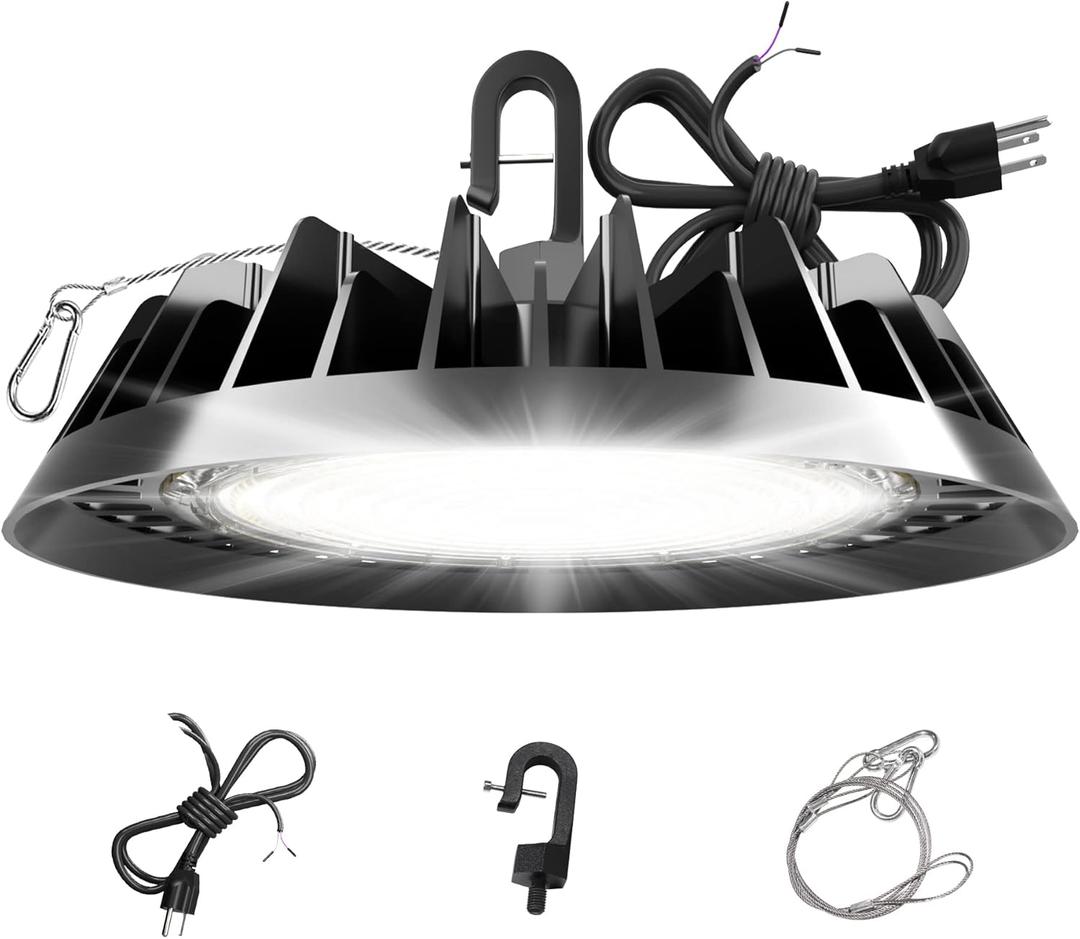JC-LGL UFO LED High Bay Light 150W, High Bay LED Lights 24,000LM (160LM/W) 1-10V Dimmable, 5' Cable with Plug, Hanging Hook, Safe Rope, ETL Listed High Bay Light for Factory Barn Warehouse, 2 Pack