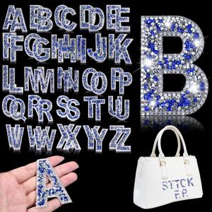 Yinder Glitter Resin Rhinestone Alphabet Letter Stickers Crystal Rhinestone Iron on Letter Self Adhesive A-Z Glitter Stickers for Art Clothing DIY Works(Blue, 52 Pieces)