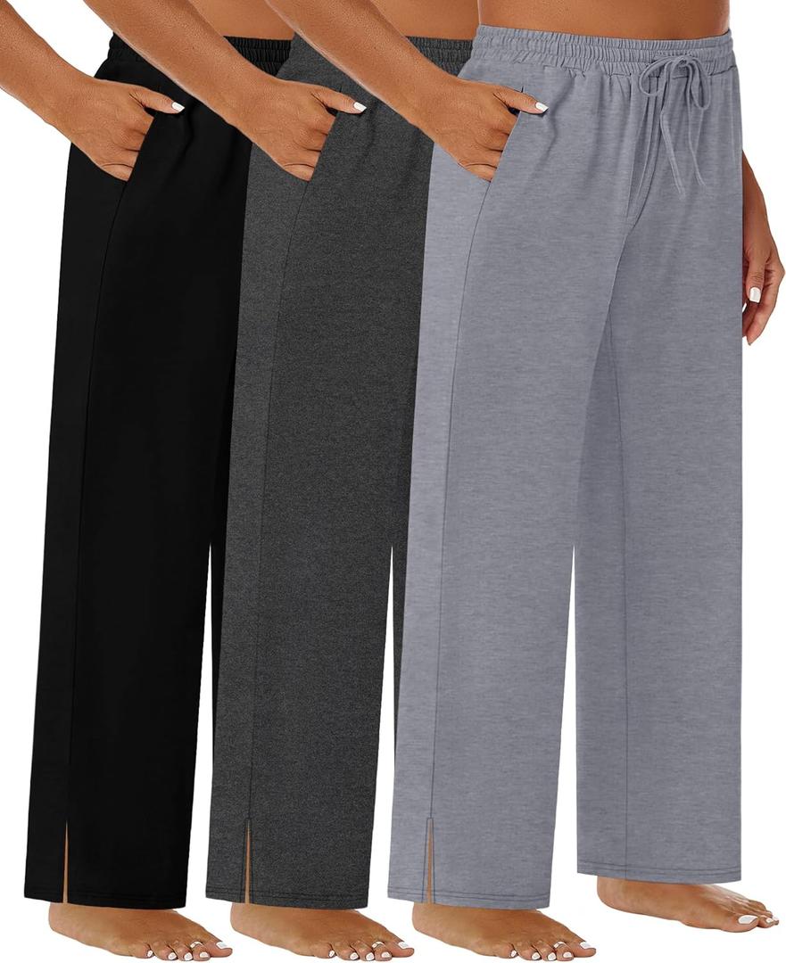 3 Pack Womens Plus Size Wide Leg Pants High Waist Lounge Palazzo Pants Casual Drawstring Sweatpants with Pockets (4X-Large, Black,dark Gray,light Gray)