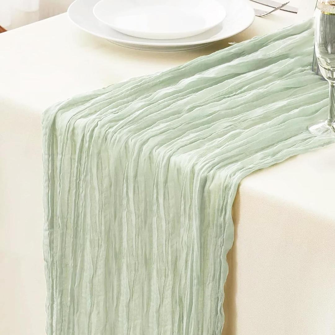 Le courant 10Ft Cheesecloth Table Runner, Rustic Boho Gauze Cheese Cloth Runner Table Runner for Weddings Bridal Baby Shower Birthday Holiday Parties Home Decor, Sage Green (10ft x 1pc)