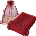 HRX Package 100pcs Organza Bags Burgundy Red, 5x7 inch Mesh Drawstring Gift Bags Jewelry Pouches for Christmas Candy Party Favor