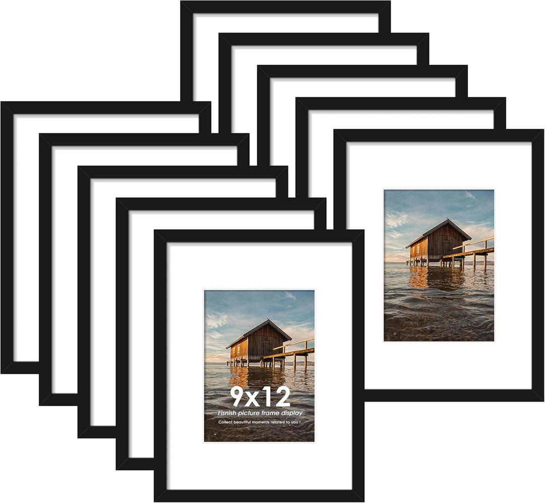 9x12 Picture Frame Sef of 10, Display Pictures 6x8 with Mat or 9 x 12 Without Mat, Photo Frame Collage for Wall Gallery Decor, Wall Mounted, Black