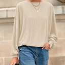 BTFBM Casual Fall Tops for Women 2025 Long Sleeves Solid Shirts Crew Neck Loose Fit Work T Shirt (Beige, L)