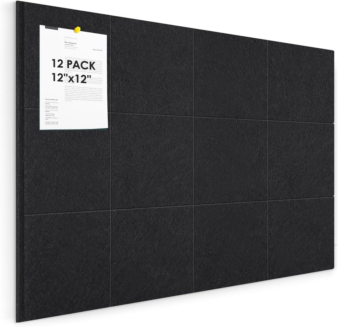 Large Cork Board for Walls 48"x36" |Cork Board Alternative| 12 Pack Felt Wall Tiles| Black Bulletin Board with Removable Adhesive | Cork Boards Pinboard for Office Home Classroom,Black