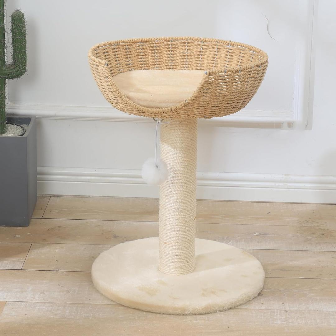Wooden Cat Tree for Cat, Tree Tower with Basket Condo (AL-27 Cat Tree) Including， Woven Basket ， Sisal Posts ，Stable Base For Indoor Cats.Easy To Clean, 20.4"L x 20.4"W x 57.4"H