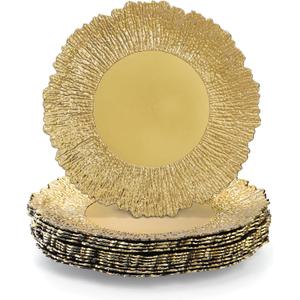 Coloch Set of 12 Plastic Gold Charger Plates, 13" Reusable Reef Serving Charger for Dinner Plate Round Shiny Decorative Charger Plate for Wedding, Catering, Parties, Restaurant, Home Dinner Use