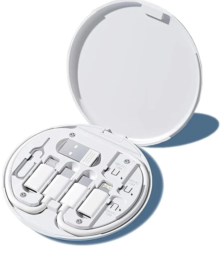 evron USB Adapter Multi Charging Cable Case 2pc Set, Micro USB Cable Gadgets Box with Phone Kickstand, USB C to Micro USB, Type C to iOS Device,Data Transfer,SIM Card Pin (White(Disc+Mirror))