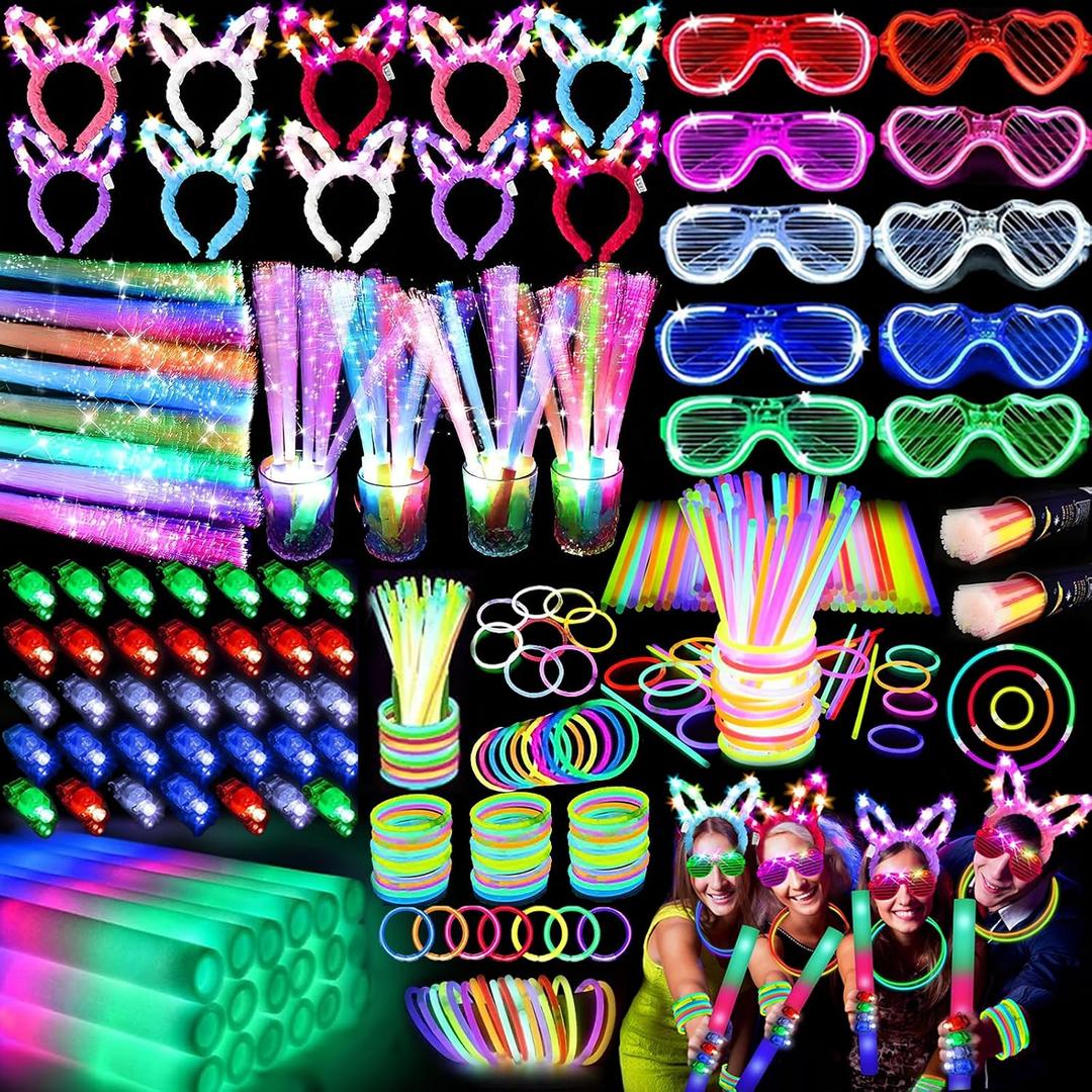 186 PCS Glow in the Dark Party Supplies,16 Foam Sticks,10 Glow Fiber Wands, 10 LED Glasses, 10 Glowing Rabbit Ears,100 Glow Sticks and 40 Finger Lights for Neon Party Birthday Carnivals Halloween