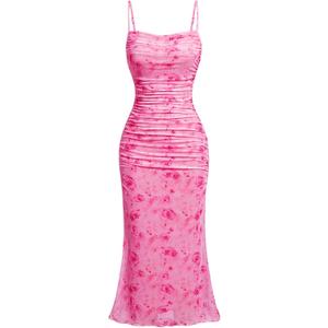 GORGLITTER Women's Floral Wedding Guest Bridal Shower Summer Midi Dresses | Tea Party, Baby Shower, Cocktail Dress, Ruched, Dresses for Women, Sundresses (Pink, M)