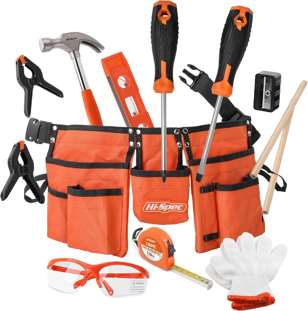 Hi-Spec 16pc Orange Kids Tool Kit Set & Child Size Tool Belt. Real Kit for DIY Building, Woodwork & Construction Learning for Kids