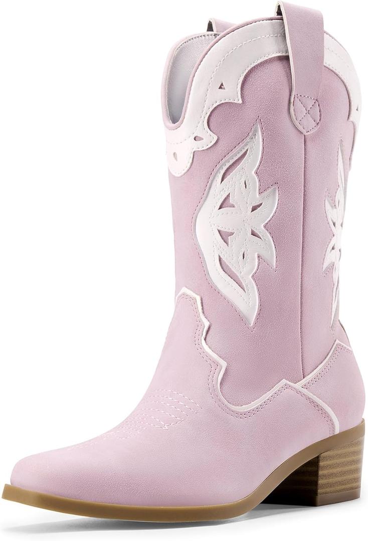 DREAM PAIRS Girls Cowgirl Cowboy Boots Western Fashion Mid Calf Boots, Size 4 Big Kid, Light Purple, SDBO2417K