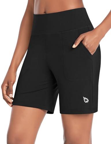 baleaf Women's 7" Athletic Long Shorts High Waisted Running Bermuda Shorts with Pockets Black Large