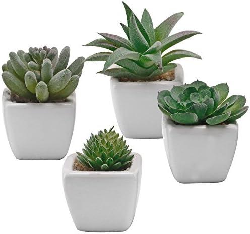 MyGift Miniature Assorted Artificial Green Faux Succulent Plants Potted in Square White Ceramic Planter Pots, Set of 4