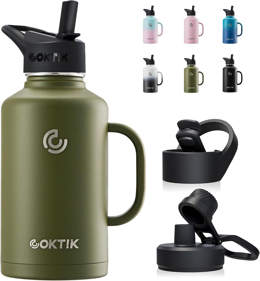COKTIK 64 oz/Half Gallon Insulated Water Bottle Jug with Straw and Handle, Double Walled Stainless Steel Metal Sports Metal Water Flask with Reusable 3 Lids Camping, Fitness or Office(Army Green) (64 Ounces)