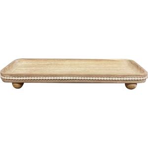 Dwellington Oval Wooden Decorative Tray, Farmhouse Style, Beaded Serving Tray for Living Room, Coffee Table (White Wash)