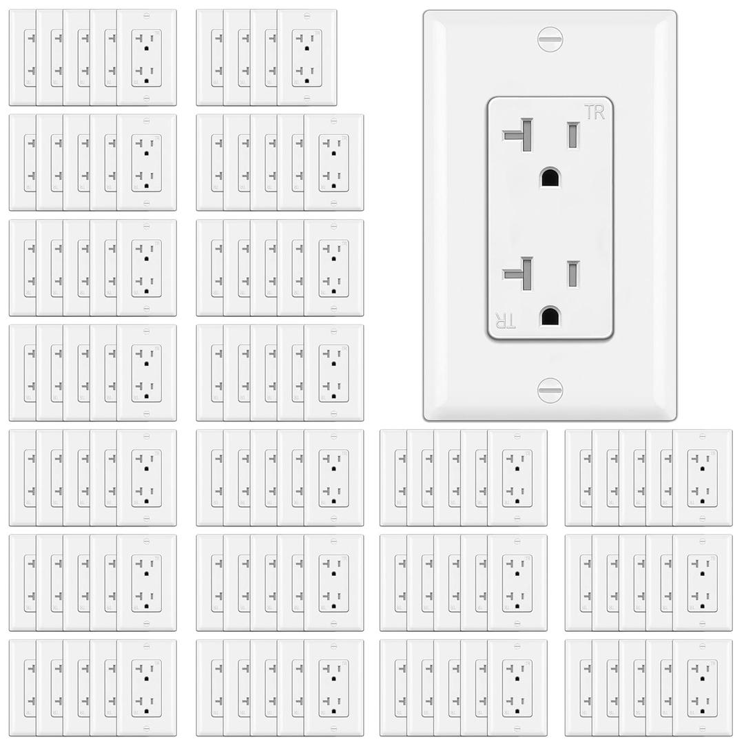 BESTTEN 100 Pack 20 Amp Decor Electrical Wall Outlet, Decorator Tamper-Resistant Receptacle, Wallplate Included, Residential and Commercial Use, 20A/125V/2500W, UL Listed, White