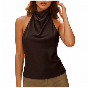 Women's Satin Tank Top Backless Halter Neck Camisole Elegant Draped Front Loose Fit Sexy Summer Tops (Brown, S)