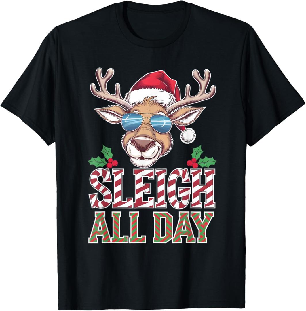 Sleigh All Day Cool Reindeer Christmas T-Shirt, M