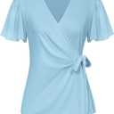 GRACE KARIN Work Tops for Women Deep V Neck Wrap Slim Fit Spring Summer Business Casual Tops Light Blue L