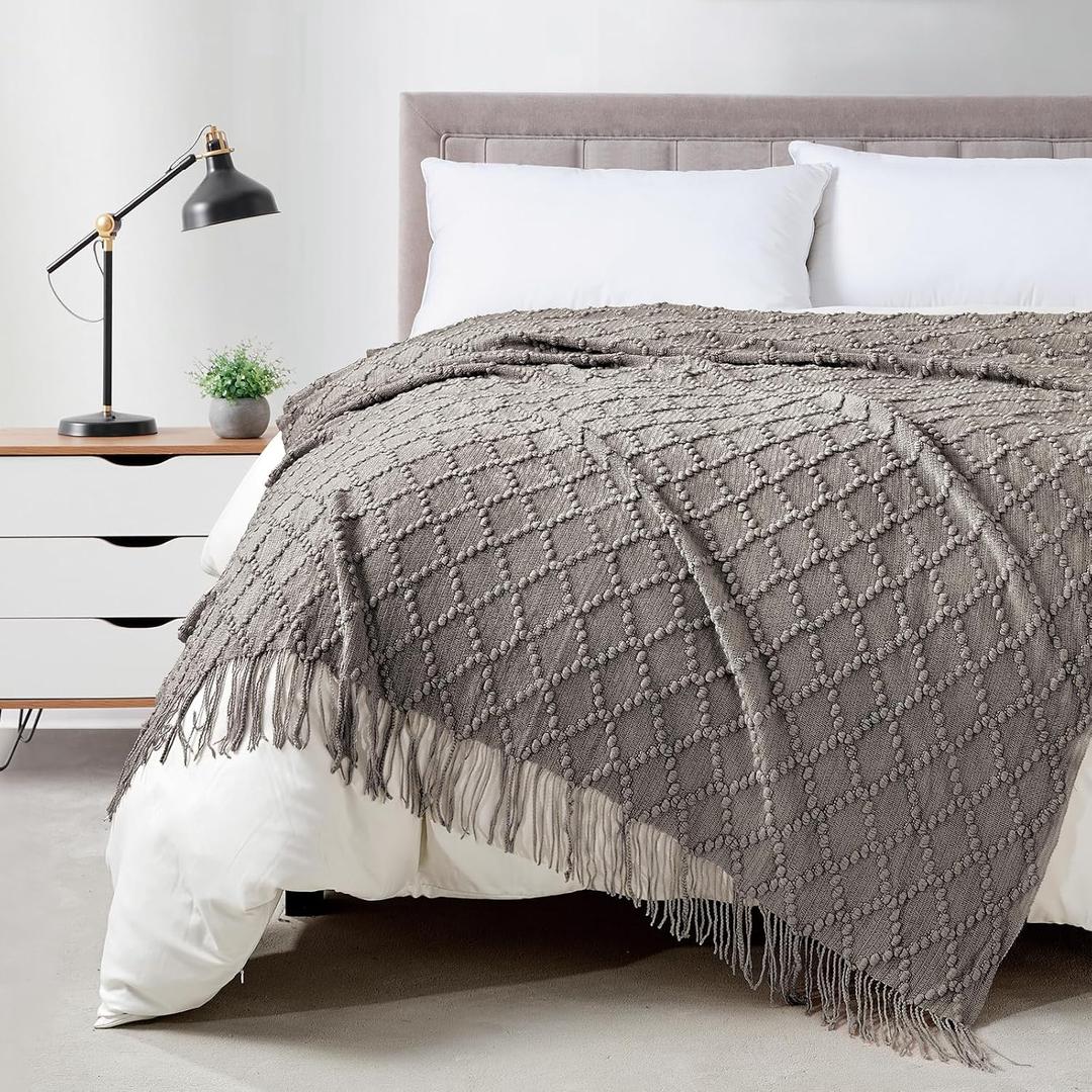 BOURINA Dark Grey Throw Blanket 50 x70 Inches Jacquard Argyle Throw Textured Solid Soft Throws and Blankets for Sofa or Bed Knitted Decorative Blanket