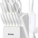 Astercook Knife Set for Kitchen 15 Piece with Block and Sharpener Kitchen Knives with Ceramic Coating Sharp Blade Dishwasher Safe Deba Knives with Anti-slip Ergonomic Handle, Elegant White