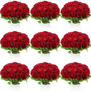 Jexine 100 Pieces Artificial Roses Flowers Bulk, Long Stem Realistic Fake Silk Roses Bouquet for Table Centerpiece Vases Wedding Party Kitchen Decor(Wine Red)