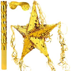 Foil Star Piata with Blindfold and Bat for Birthday Foldable Star Shape Piata with Stick Festive Fiesta Party Supplies Favors for Mexican Party (Gold)