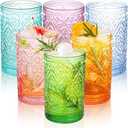 Fasmov 6 Pack 12 oz Drinking Glasses Set, Multicolor Water Glasses Tumblers, Vintage Glassware Drinking Glasses, Heavy Duty Vintage Glassware Set for Whisky, Juice, Beverages, Cocktail, Beer, Milk