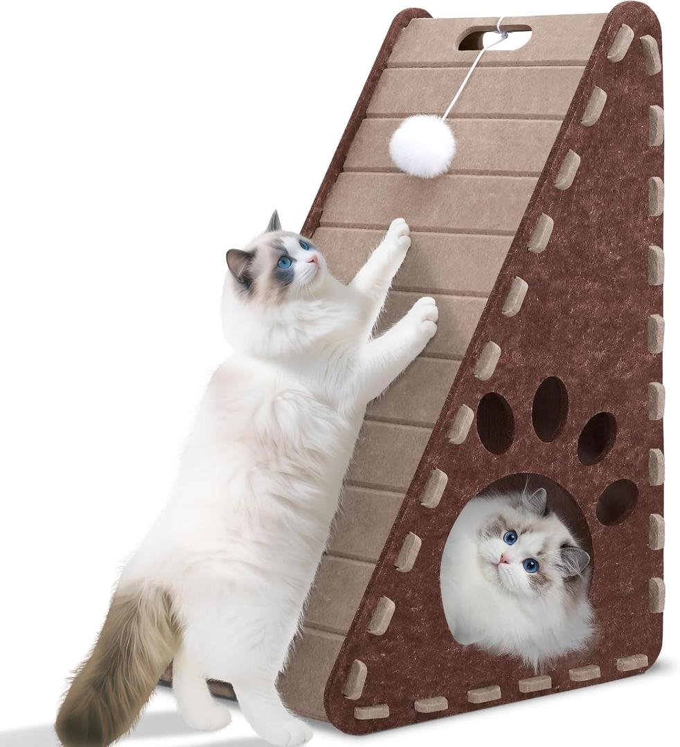 Cat Scratcher, Triangle Felt Cat Scratcher(Cat House), Vertical Integrated 3 in 1 Ramp Vertical Felt Cat Board(Brown Gray)
