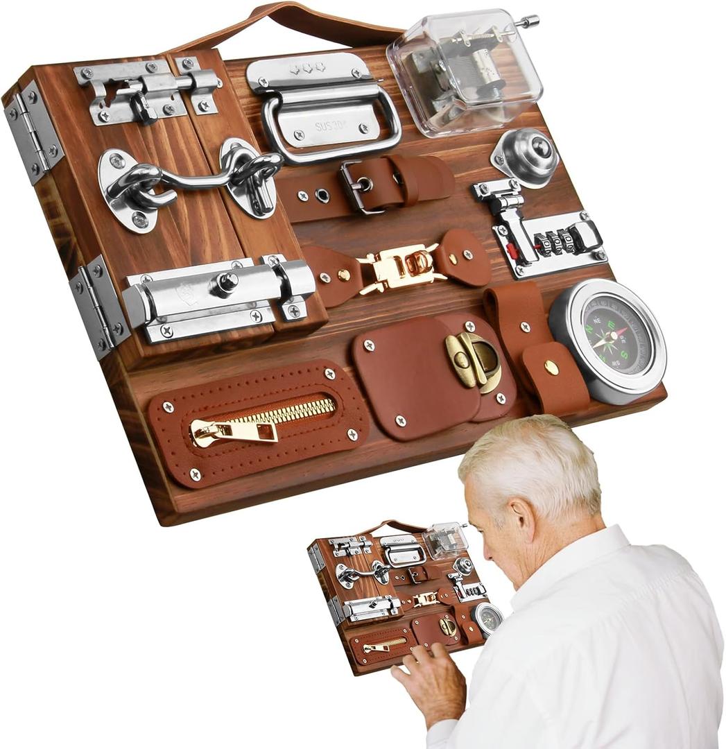 Dementia Activities for Seniors,Fidget Busy Board for Adults with Dementia,Engaging Alzheimers Activities & Tactile Stimulation,Thoughtful Gift for People with Alzheimer's (Compass Version) (Brown)