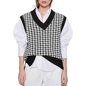 New Women's Houndstooth Knitted V-Neck Sleeveless Pullover Sweater
M