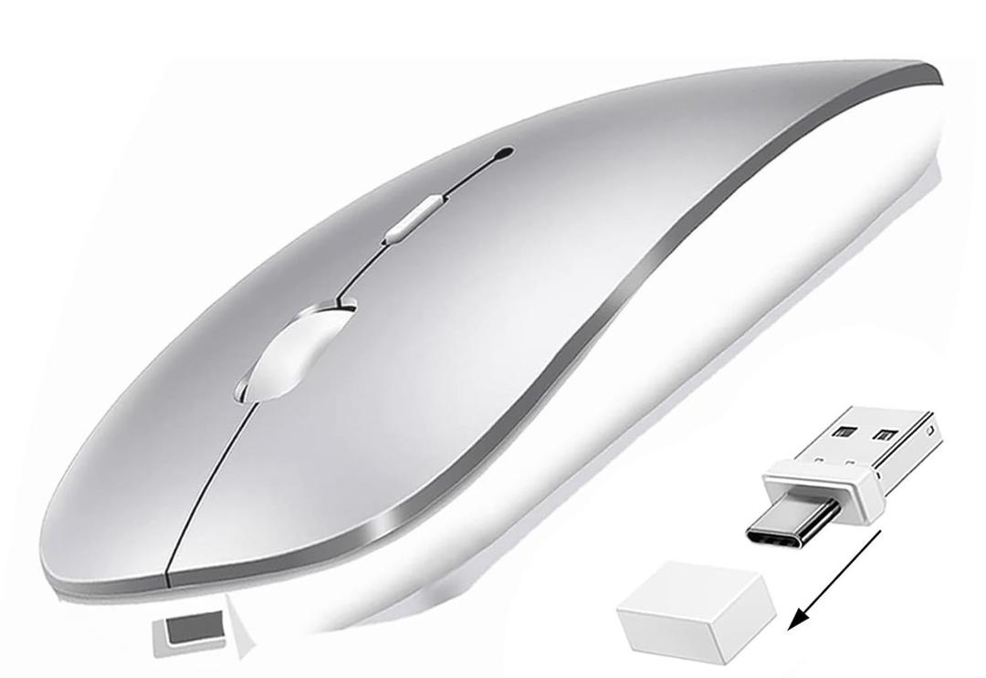 Bluetooth Wireless Mouse USB C for MacBook Air Pro iMac Laptop Desktop Computer, Wireless Rechargeable Silent C Mouse for Mac Desktop/iPad/Surface Pro (BT5.2/3.0, 2.4G USB A, Type-C Receiver) (Silver)