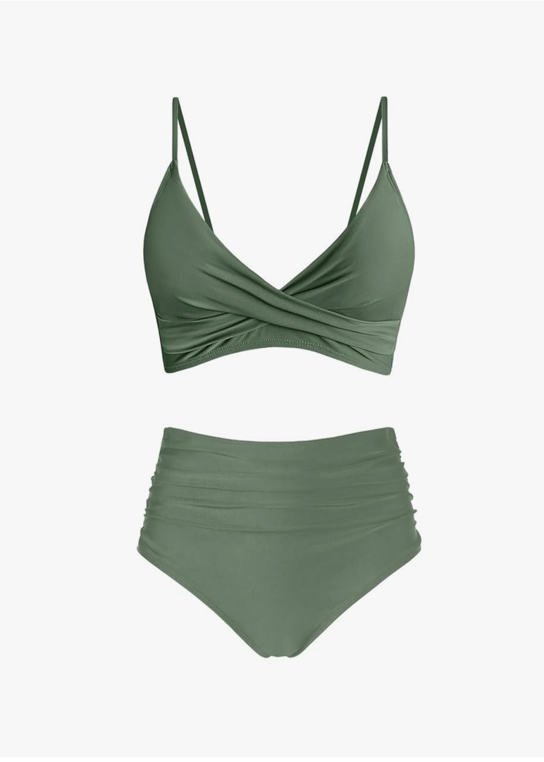 Women's High Waisted Bikini Sets Push Up Twist Front Spaghetti Straps Ruched Two Piece Swimsuit Bathing Suit, Size:M