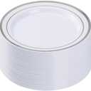 BESTVIP 50PCS Silver Plastic Plates, 10.25 Inch Disposable Dinner Plate Party with Silver Rim, Heavy Duty Disposable Plastic Plates for Christmas, Thanksgiving, Party, Wedding and Birthday