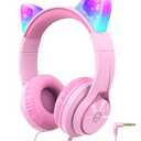 iClever Kids Headphones with Cat Ear Led Light Up, Safe Volume Limit, FunShare, Foldable, Over-Ear Headphones for Kids for School/iPad/Tablet/Travel, Meow Donut-Pink 2PACK