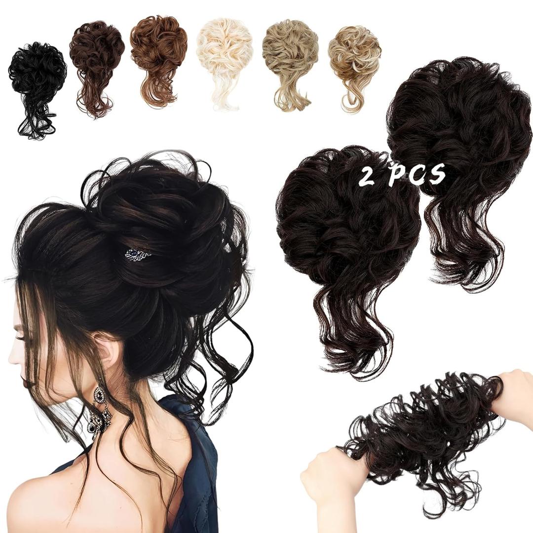 2PCS Messy Bun Hair Piece Tousled Updo with Tendrils Wavy Curly Hair Bun Scrunchies Ponytail Extension Elastic Band Hairpieces For Women (Dark Brown)