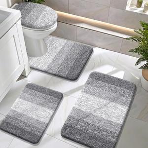 OLANLY Bathroom Rugs Sets 4 Piece, Soft Microfiber Absorbent Bath Mat, U-Shaped Contour Toilet Mat and Toilet Lid Cover, Quick Dry, Machine Washable, Toilet Cover and Rug Set for Bathroom, Grey (30" x 20" + 24" x 16" + 24" x 20" + 17.5" x 15")