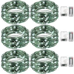 Fairy String Lights Battery Operated Green Wire LED Waterproof String Lights with Remote 8 Modes for Winter Tree Patio Garden Backyard Home Indoor Outdoor(33ft,Cold White,6 Pack)