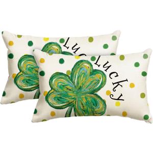 AVOIN colorlife St Patricks Day Clover Lucky Shamrock Throw Pillow Covers, 12 x 20 Inch Polka Dot Green Cushion Case Decoration for Sofa Couch Set of 2
