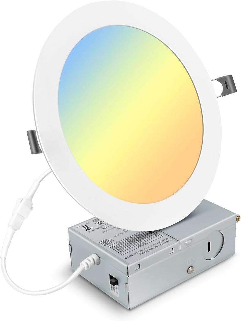 Elaruslux 7 Inch 3CCT Ultra-Thin LED Recessed Light with Junction Box, 3000K/4500K/6000K Selectable, 18W Eqv 125W, Dimmable Ceiling Lights 1600LM Brightness Canless Wafer Downlight