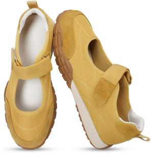 COOLLULU Mary Jane Shoes Sneakers for Women Fashion Ballet Sneakers Wide Toe Box with Non Slip Sneakerinas Retro Tennis Lightweight Flats Footwear for Daily Walking Causal Dressy (10, Yellow)