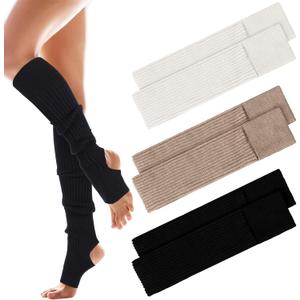 3 Pairs Cashmere Winter Dance Leg Warmers Wool Knitted Stirrup Leg Warmers for Women Girls Ballet Dance Yoga (Black, White, Khaki)