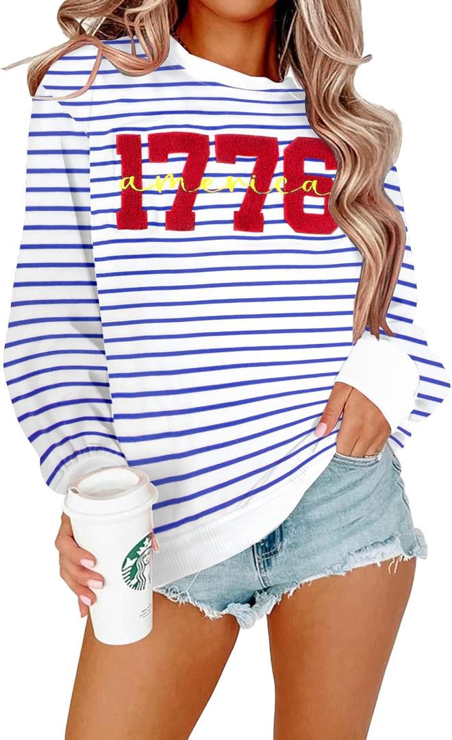 1776 America Shirt Women Star Stripe Long Sleeve Tee Patriotic 4th of July Summer USA Flag Tops (Large, Blue)