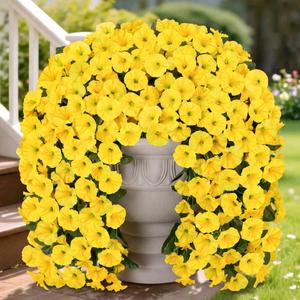 HyeFlora Artificial Fake Hanging Flowers Plants for Outdoor Outside Spring Decoration, 2PCS Faux Silk UV Resistant Look Real Yellow Morning Glory Trailing Vines for Home Planter Porch Patio Balcony