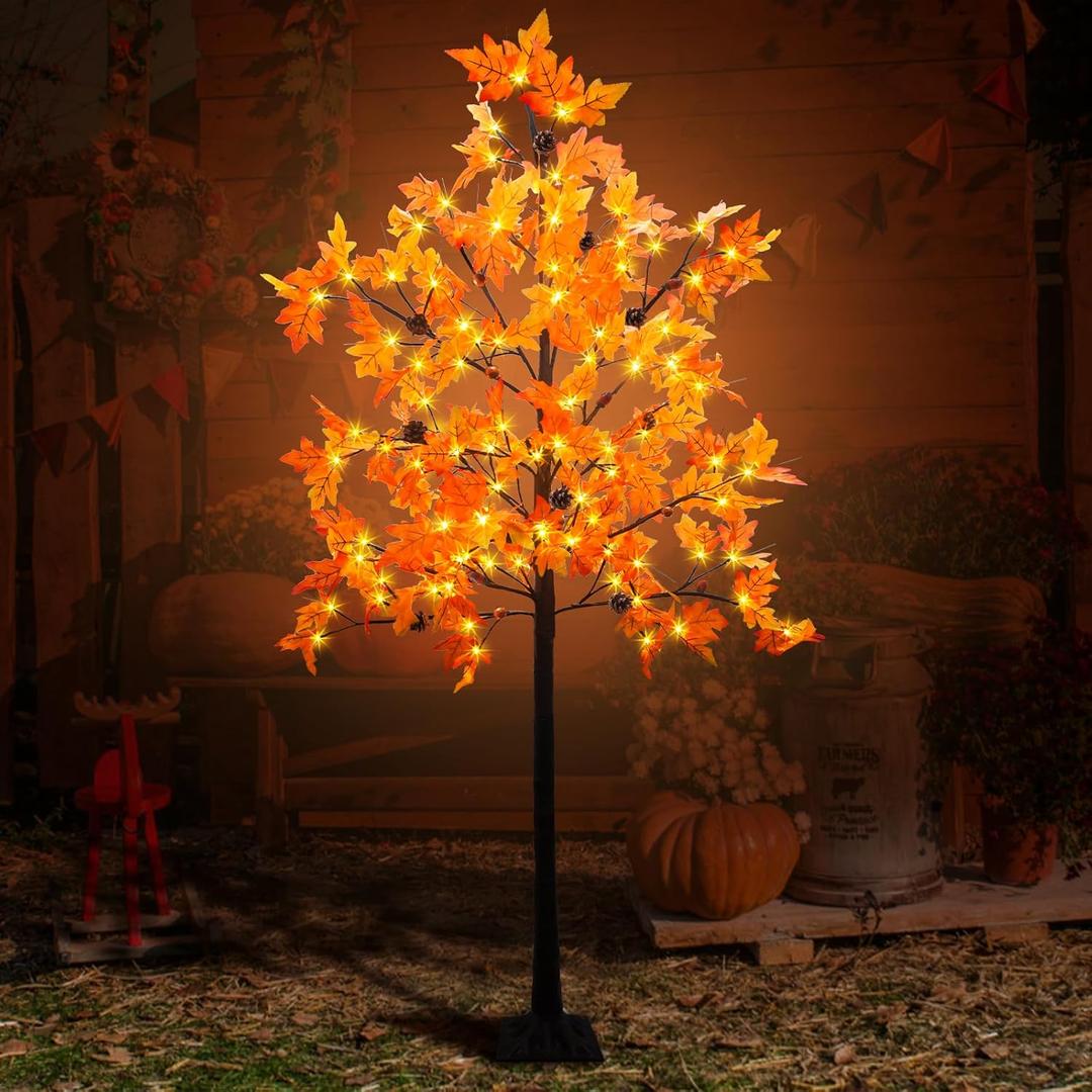 6FT Prelit Fall Maple Tree Decor, 128 LEDs with 8 Acorns 8 Pine Cones & Timer 8 Flashing Modes Artificial Maple Tree Thanksgiving Decor for Fall Home Autumn Halloween Harvest Indoor Outdoor (Orange)