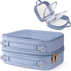 Clear Cosmetic Bag Double Layer Travel Toiletry Bag Clear Makeup Bag Case with 4 Compartments, Transparent Travel Bag for Toiletries, Large Toiletry Bag for Women Cosmetic Case (Blue, Large)