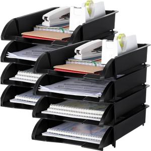 Fainne 8 Pcs Stackable Paper Trays Organizer for Desk 8 Layer Stackable Letter Trays Plastic File Organizer Tray and Stacking Supports for File Storage, 13 x 10 x 2.76'' (Black)