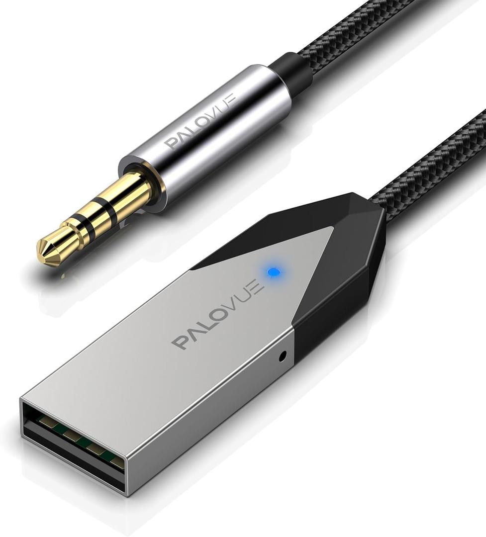 PALOVUE Bluetooth Aux Adapter, Audio Car Kit USB Adaptor with 3.5mm Jack for Car Music Streaming and Calling or Home Stereo, Built-in Microphone (Silver)